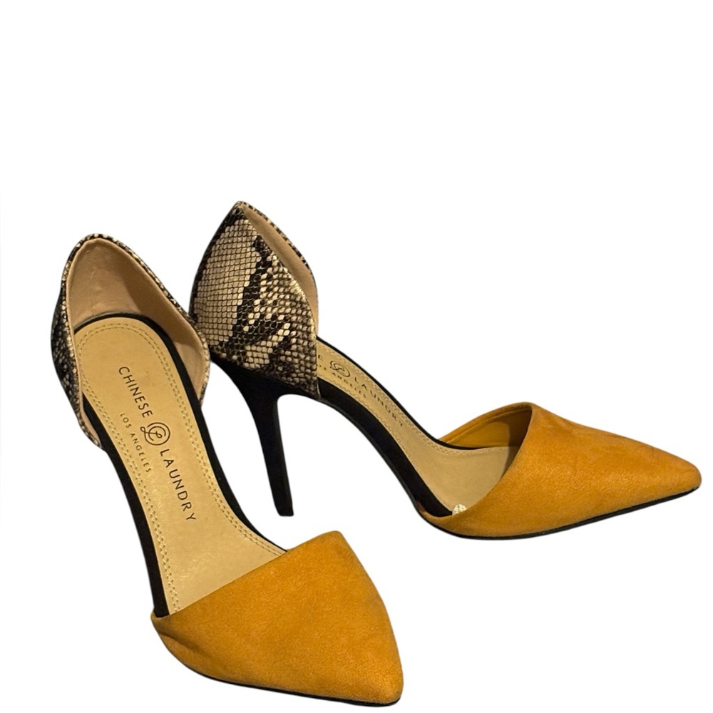 Chinese Laundry Mustard and Snakeskin Heels